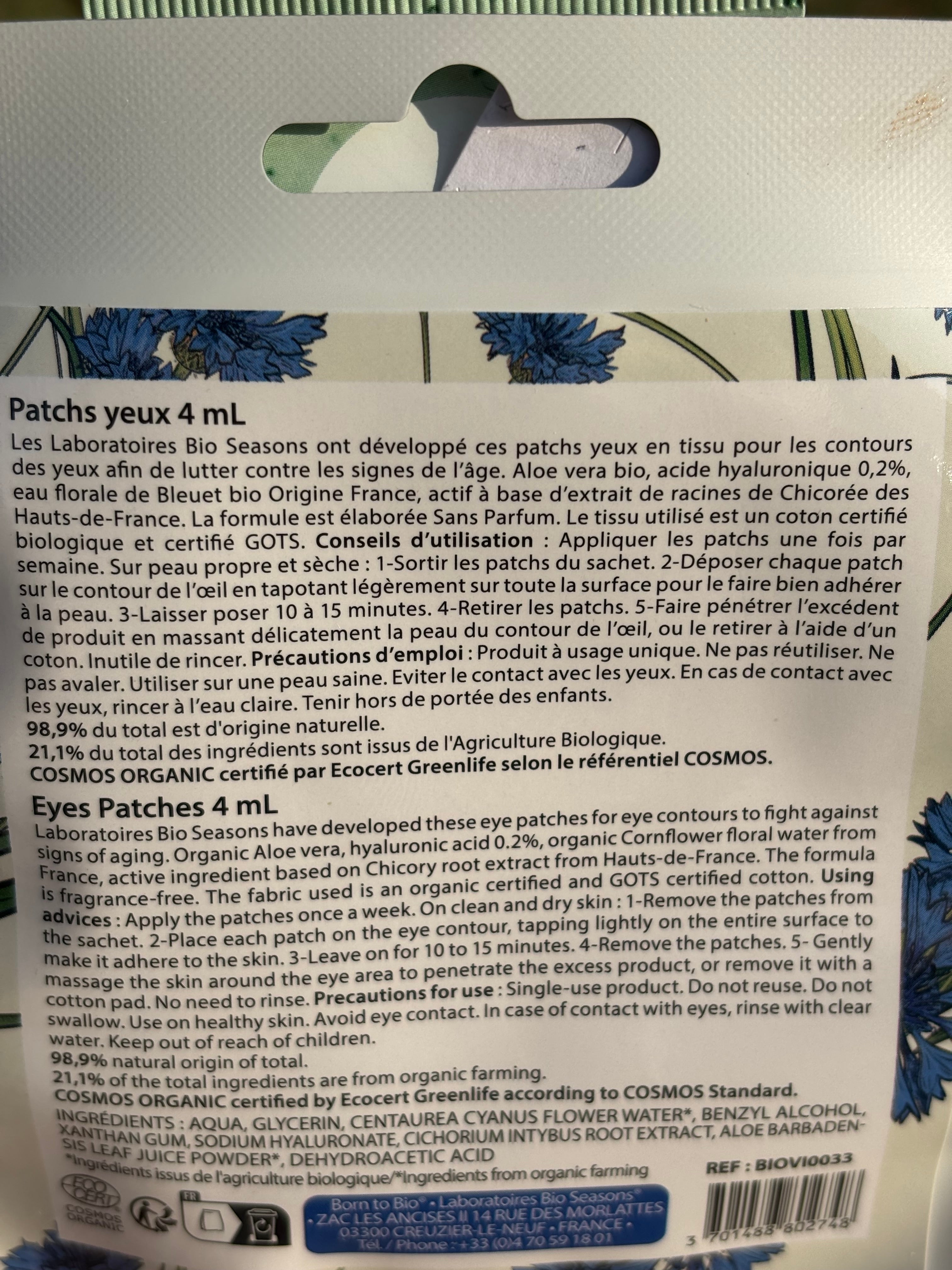 Patchs yeux certifié BIO éclat tissu en coton bio sans parfum