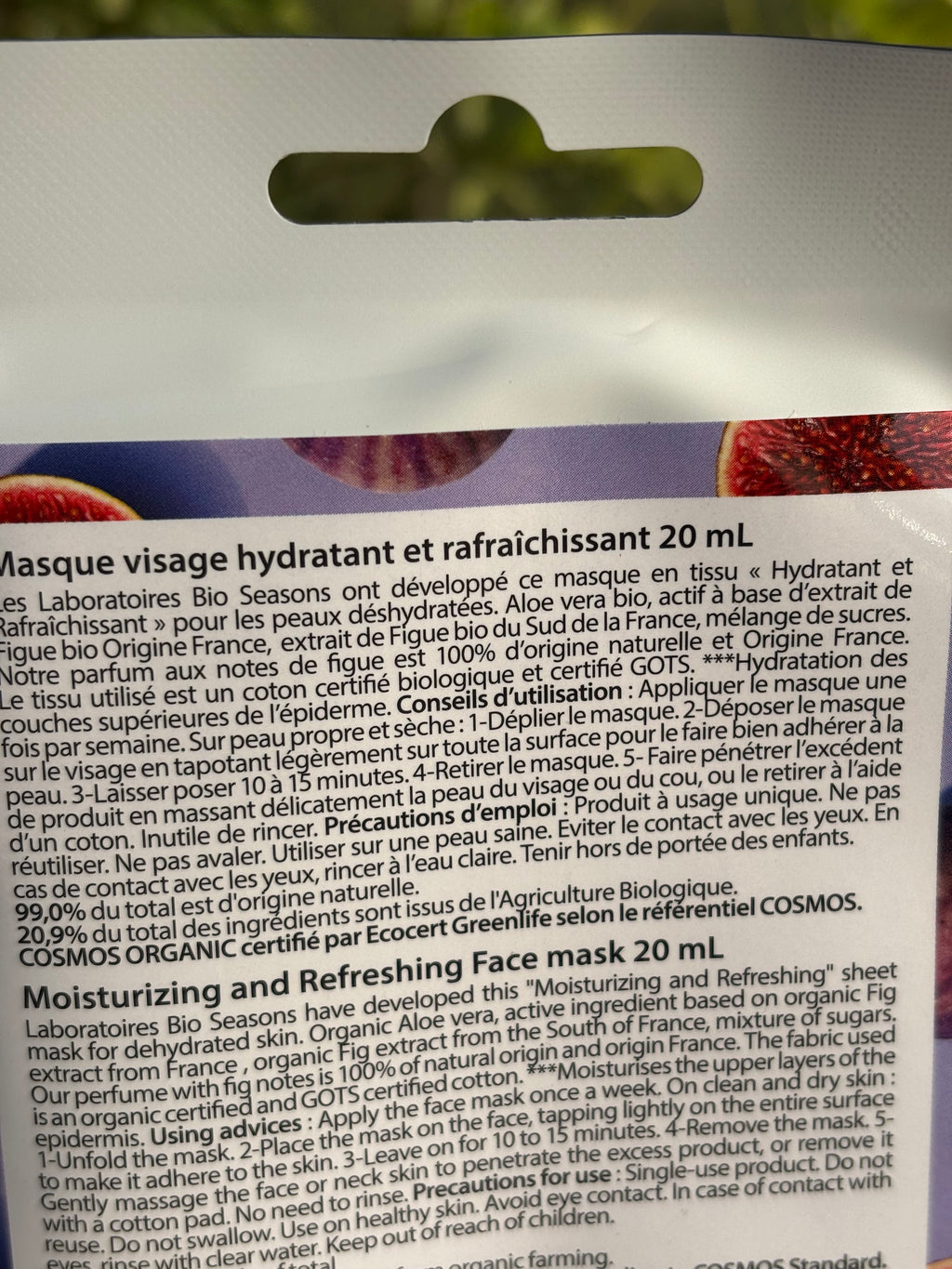 Masque visage hydratant et rafraîchissant certifié BIO tissu en coton Bio